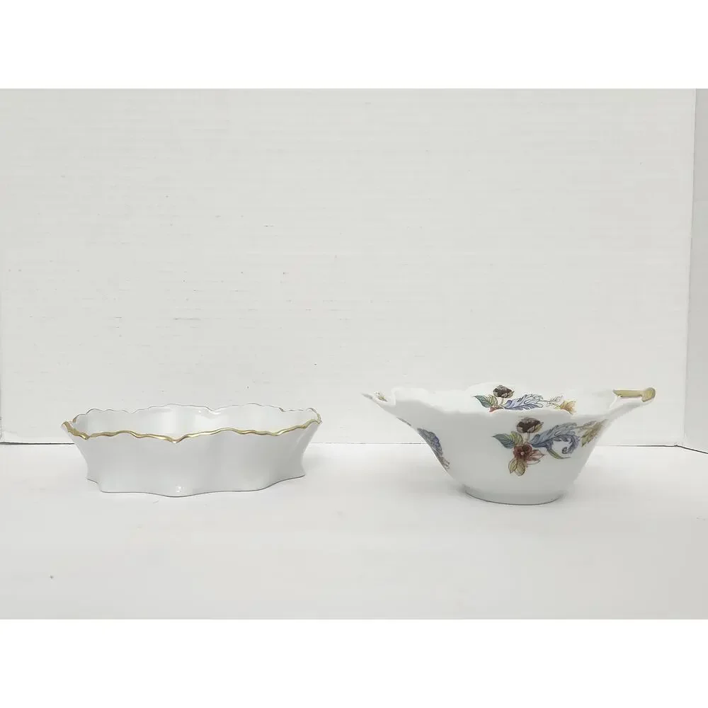 Vintage Fine Porcelain Floral Trinket Dish Bowl Set Gold Trim